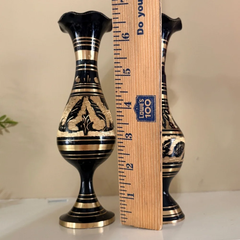 Pair of Vintage Indian Brass Vases - Black Enamel with Hand Etched Design